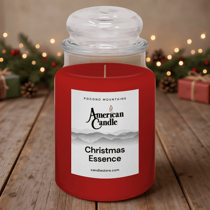 American Candle Scented Jar Christmas Essence Candle on a wooden table with holiday festive background