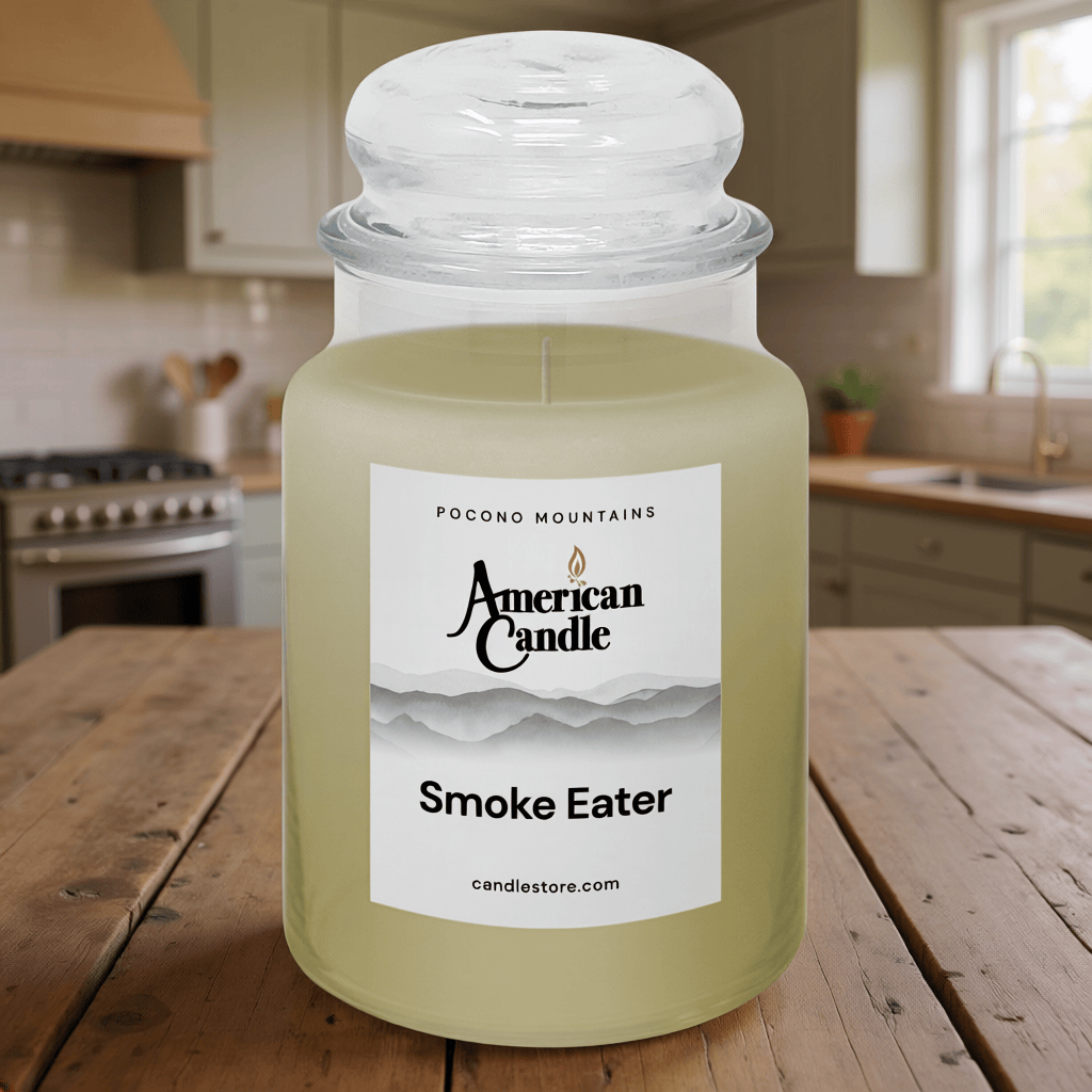 American Candle Smoke Eater Scented Candle jar candle on a wooden table in a kitchen setting