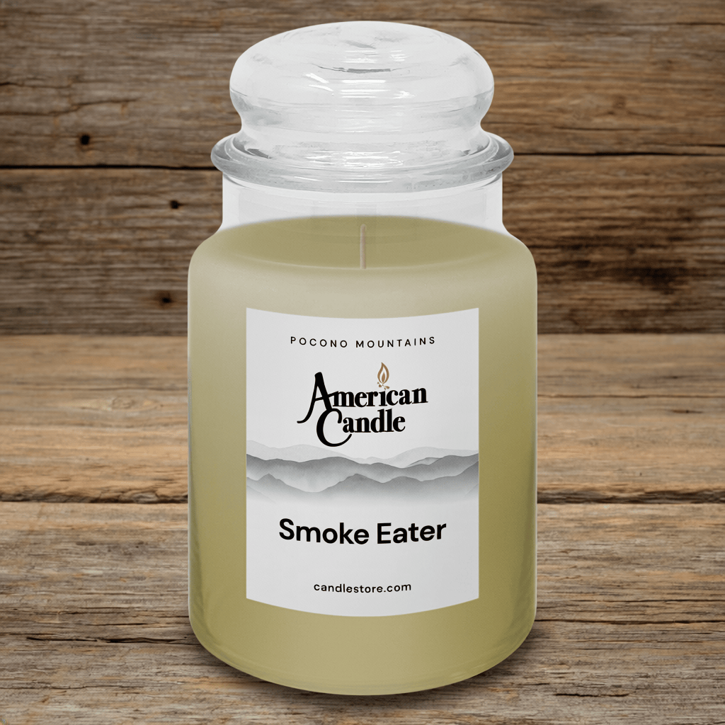 American Candle Smoke Eater Scented Jar Candle on a Wooden Table