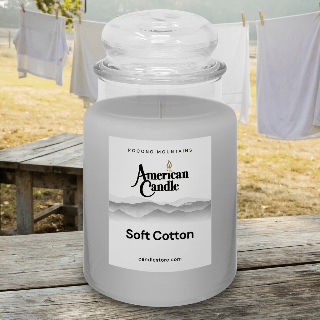 American Candle Soft Cotton Scented Jar Candle on a Wooden Table Outside with Laundry Line in the background