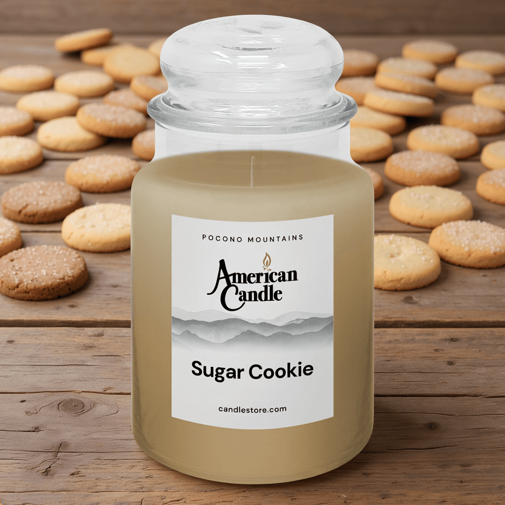 American Candle Sugar Cookie Scented Jar Candle on a Wooden Table with Sugar Cookies on the Table