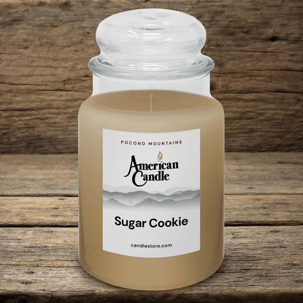 American Candle Sugar Cookie scented jar candle on a wooden table