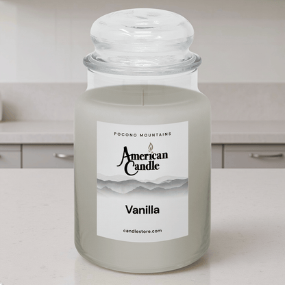American Candle Vanilla Scented Jar Candle on a Kitchen Counter Table