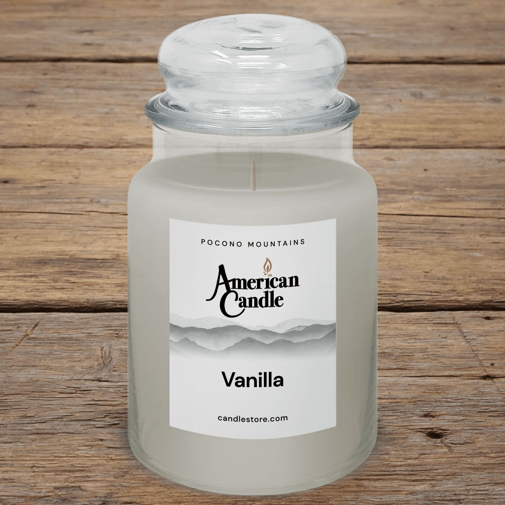 American Candle Vanilla scented jar candle jar on a wooden table