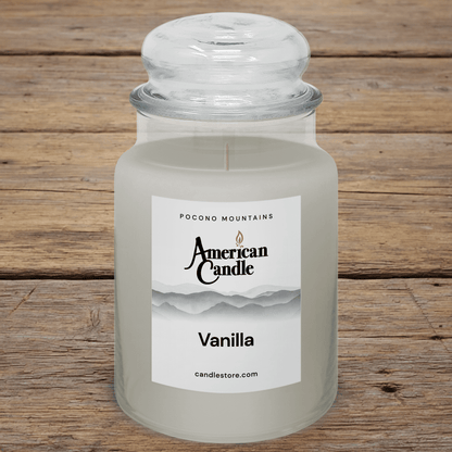 American Candle Vanilla scented jar candle jar on a wooden table