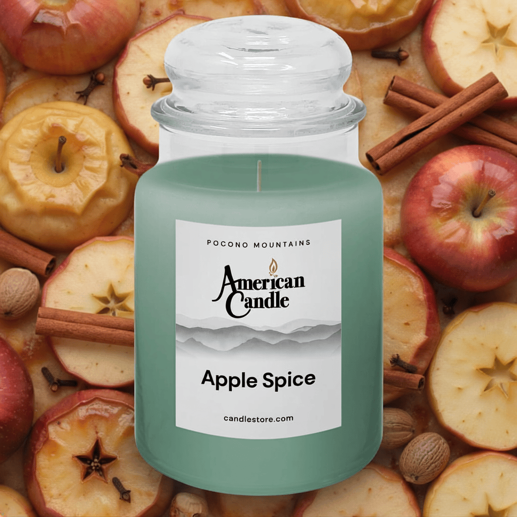 American Candle Apple Spice scented jar candle surrounded by apples and cinnamon sticks