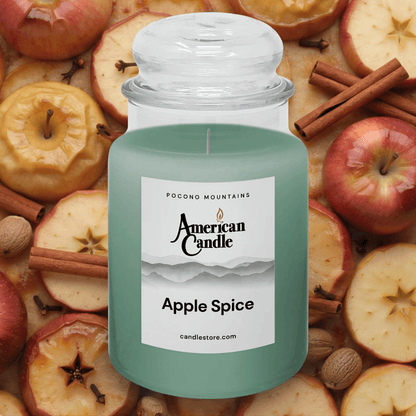 American Candle Apple Spice scented jar candle surrounded by apples and cinnamon sticks