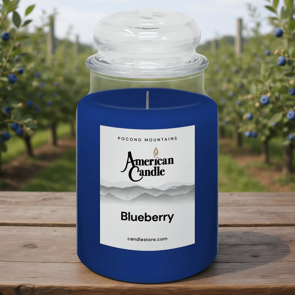 American Candle Blueberry scented jar candle on wooded table in blueberry field orchard