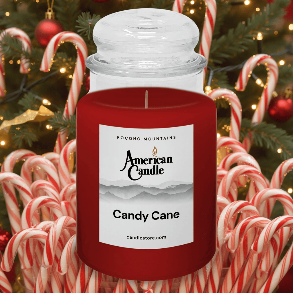 American Candle Candy Cane Scented Jar Candle with a Holiday Christmas tree and candy canes in the background