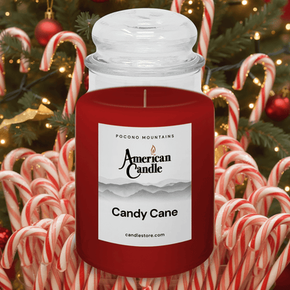 American Candle Candy Cane Scented Jar Candle with a Holiday Christmas tree and candy canes in the background
