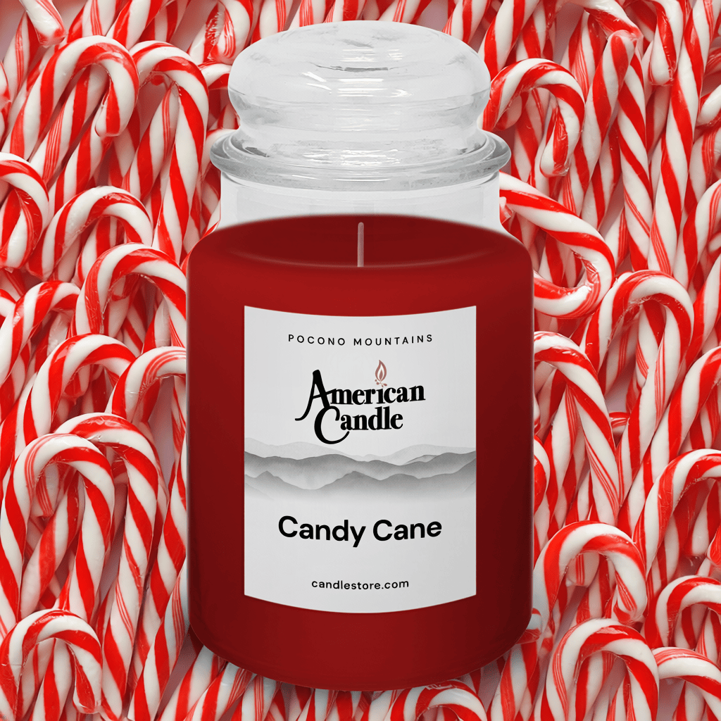 American Candle Candy Candle Jar Scented candle surrounded by candy canes