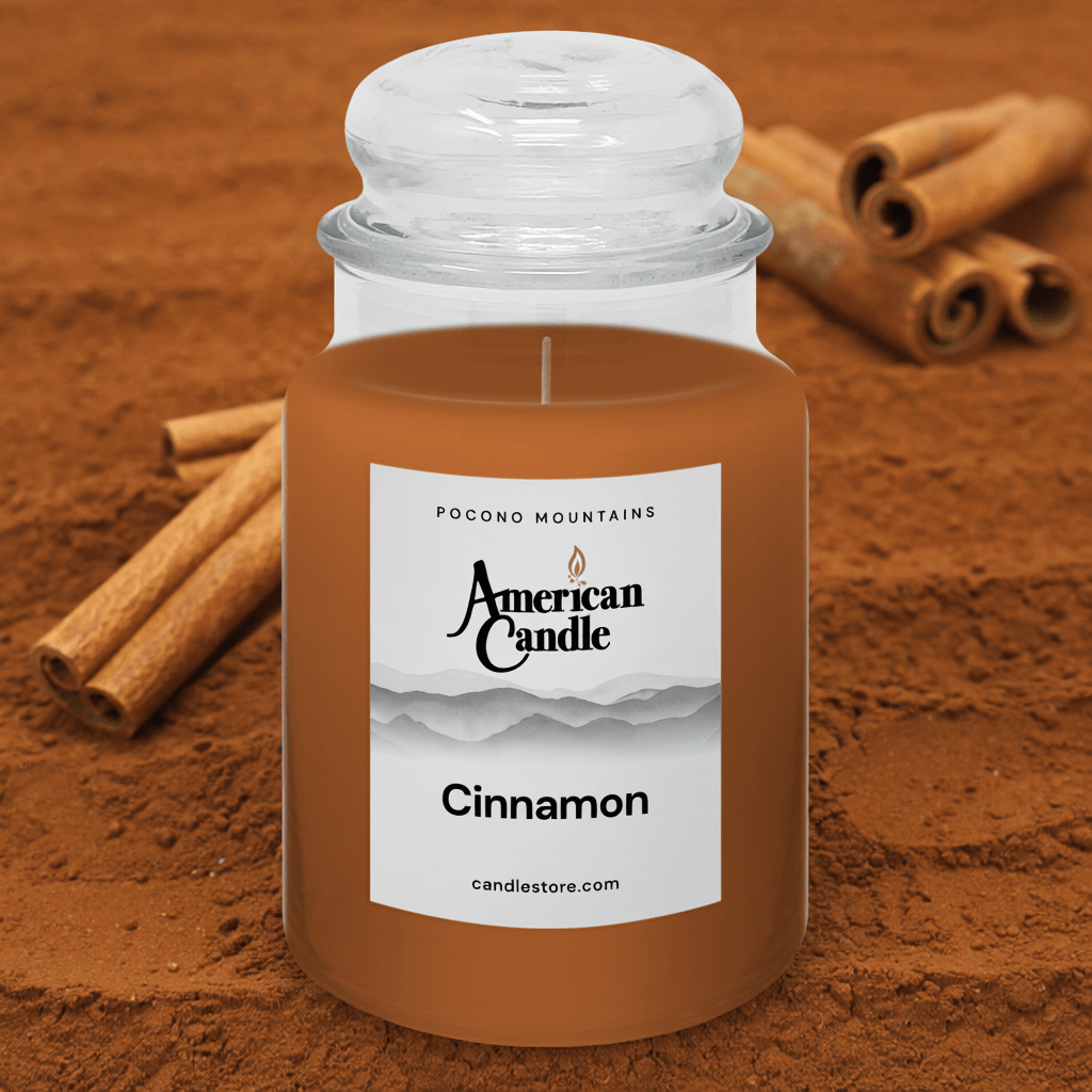 American Candle Cinnamon-scented jar candle with cinnamon sticks and ground cinnamon background
