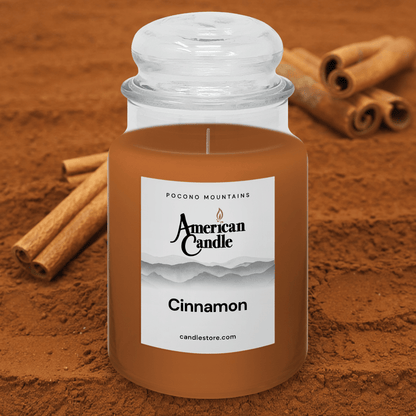American Candle Cinnamon-scented jar candle with cinnamon sticks and ground cinnamon background
