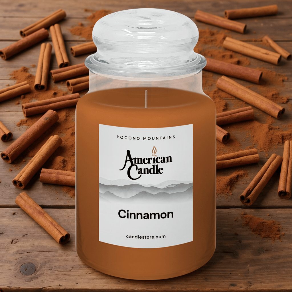 American Candle Cinnamon-scented jar candle with cinnamon sticks on a wooden table
