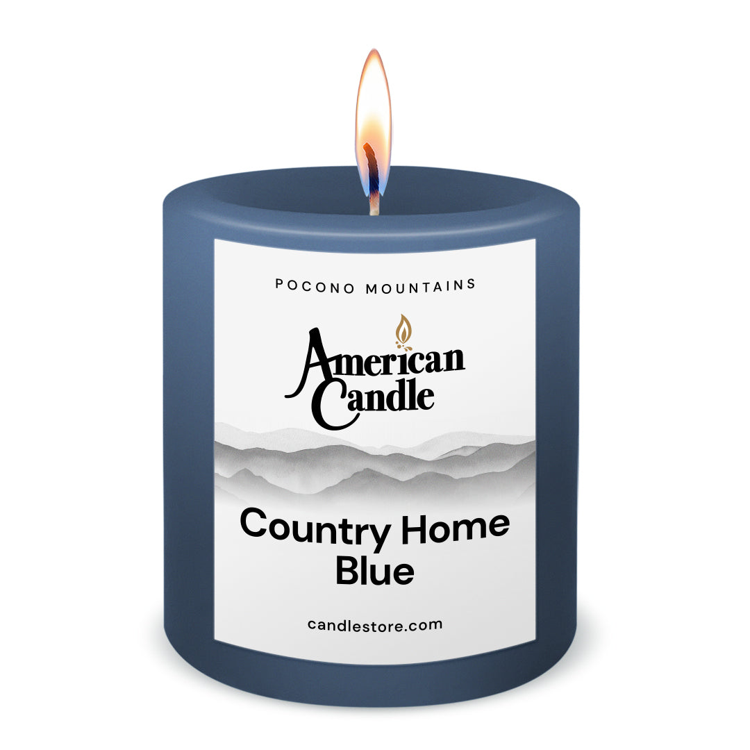 American Candle Country Home Blue 3x3 Scented Pillar Candle with Flame - Made in the USA