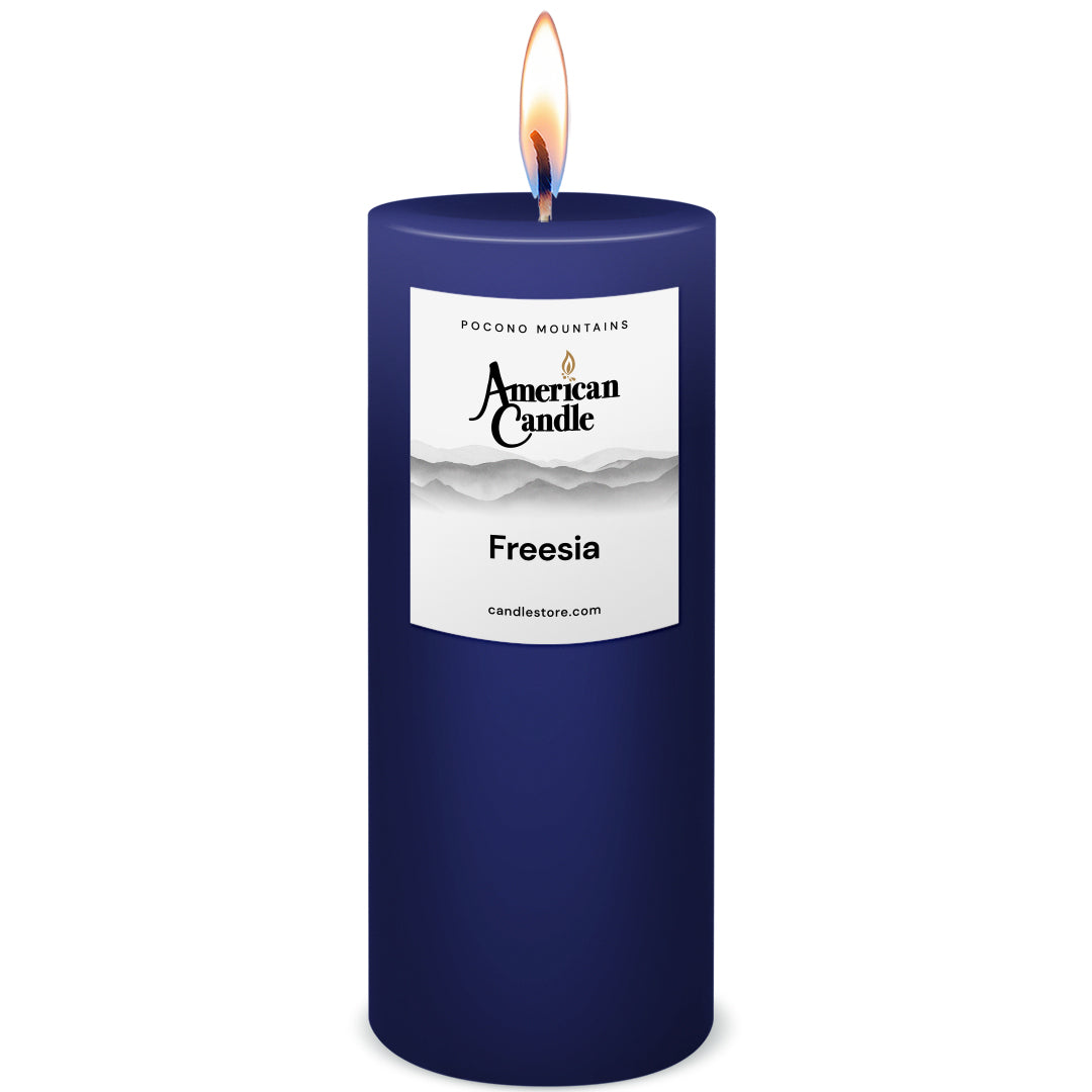 American Candle Freesia 3x9 Scented Pillar Candle with Flame - Made in the USA