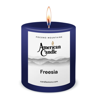American Candle Freesia 3x3 Scented Pillar Candle with Flame - Made in the USA
