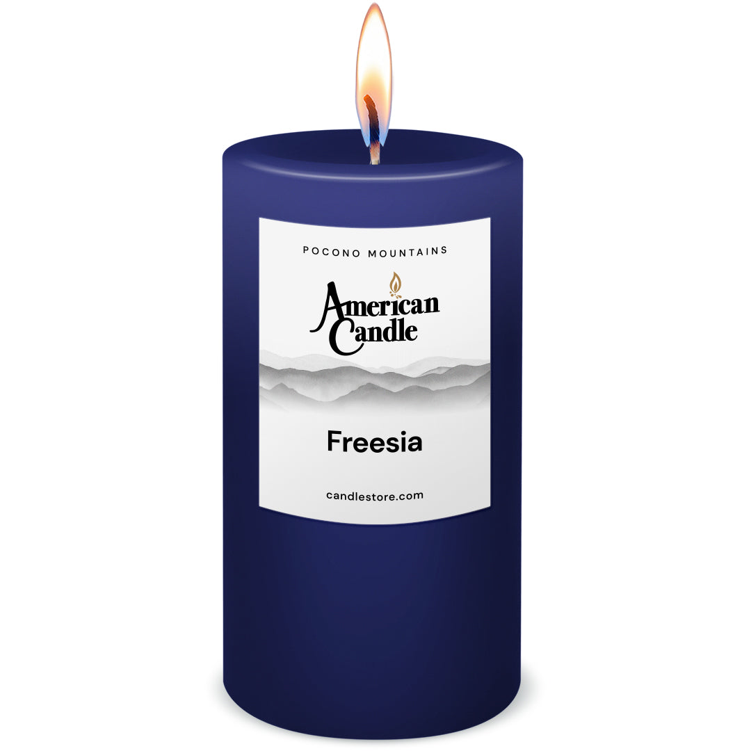 American Candle Freesia Scented 3x6 Pillar Candle with Flame - Made in the USA