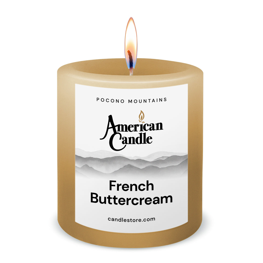 American Candle French Buttercream 3x3 Scented Pillar Candle with Flame - Made in the USA