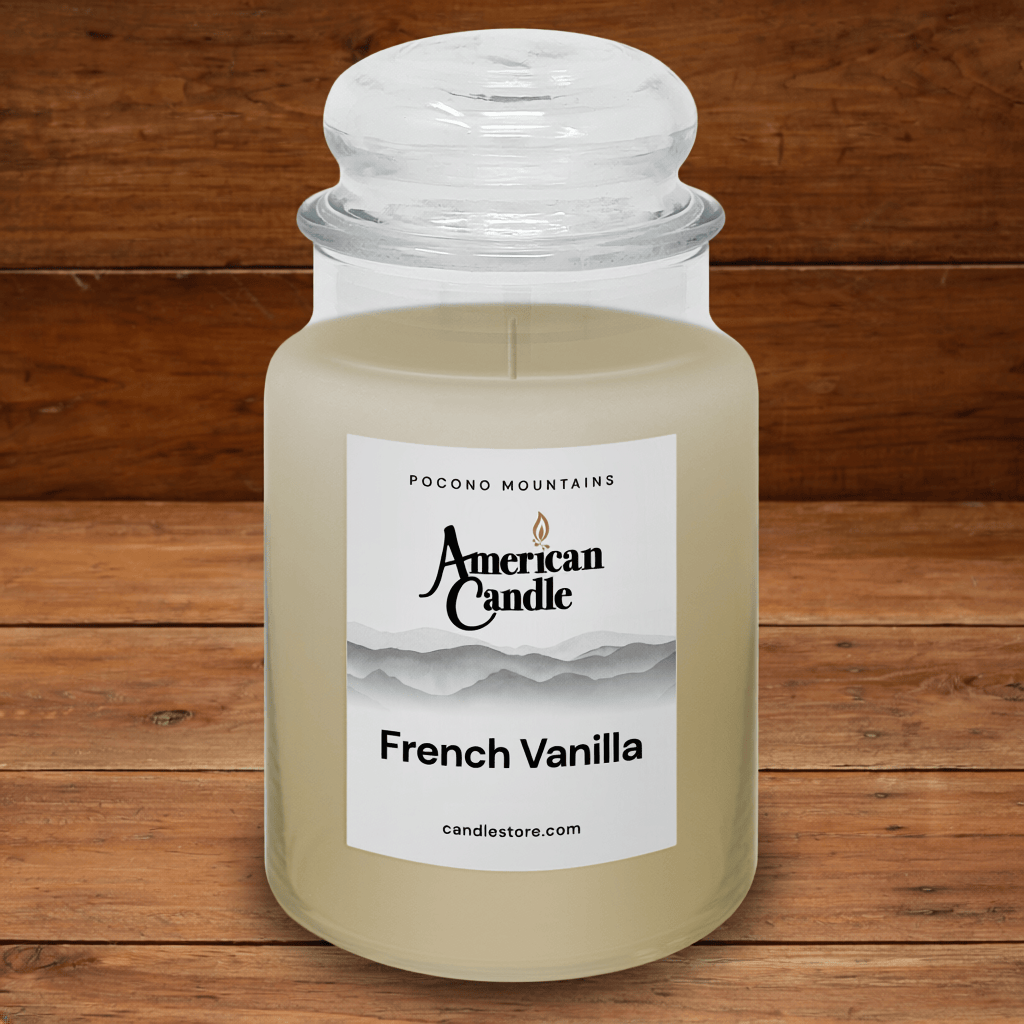American Candle French Vanilla Scented Jar Candle on a wooden table