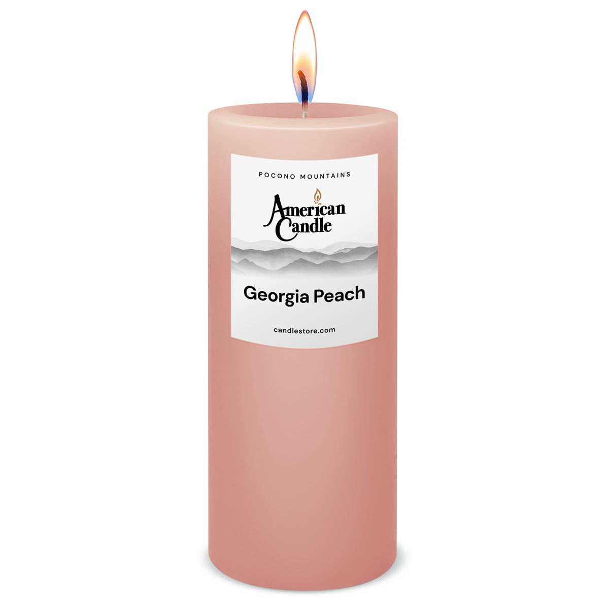 American Candle Georgia Peach 3x9 Scented Pillar Candle with Flame - Made in the USA
