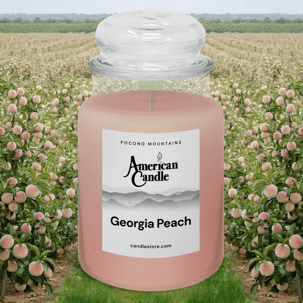 American Candle Georgia Peach Scented Jar Candle in an Peach orchard setting