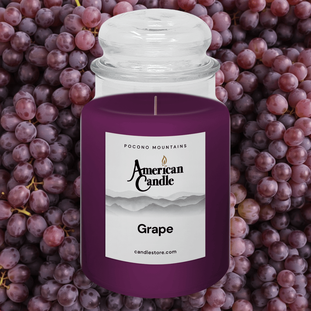 American Candle Grape Jar Scented Candle on a background of grapes