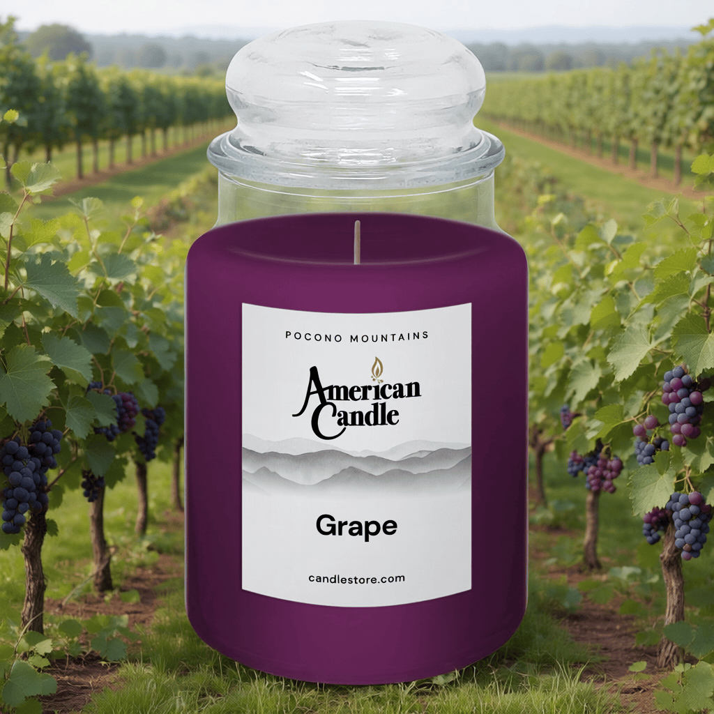 American Candle Grape Jar Scented Candle in front of a Grapes vineyard.