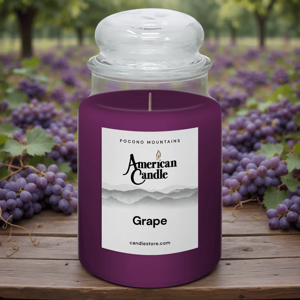 American Candle Grape Jar Scented Candle on Wooden Table, set against a background of grapes.