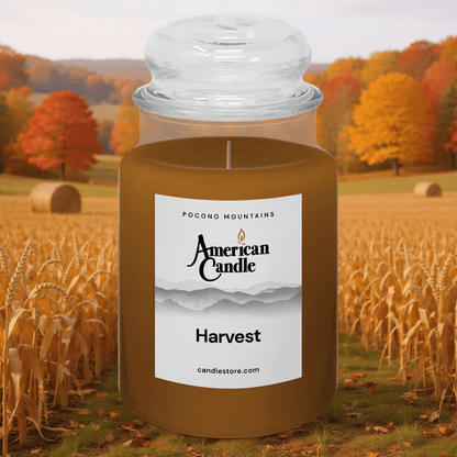Harvest Jar Scented Candle by American Candle with a scenic background of trees and fields