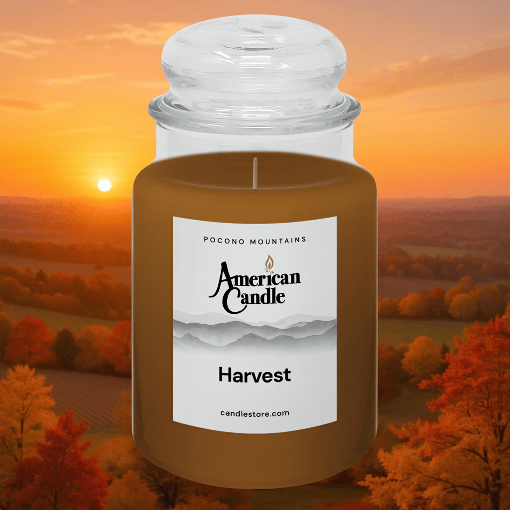 American Candle Harvest jar scented Candle with a scenic background of a Fall sunset over a field