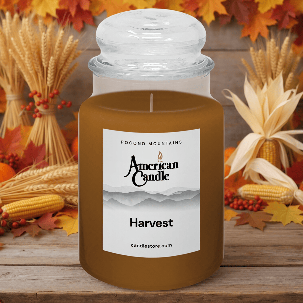 American Candle Harvest Scented Jar candle with fall-themed decorations in the background on old Wooden Table