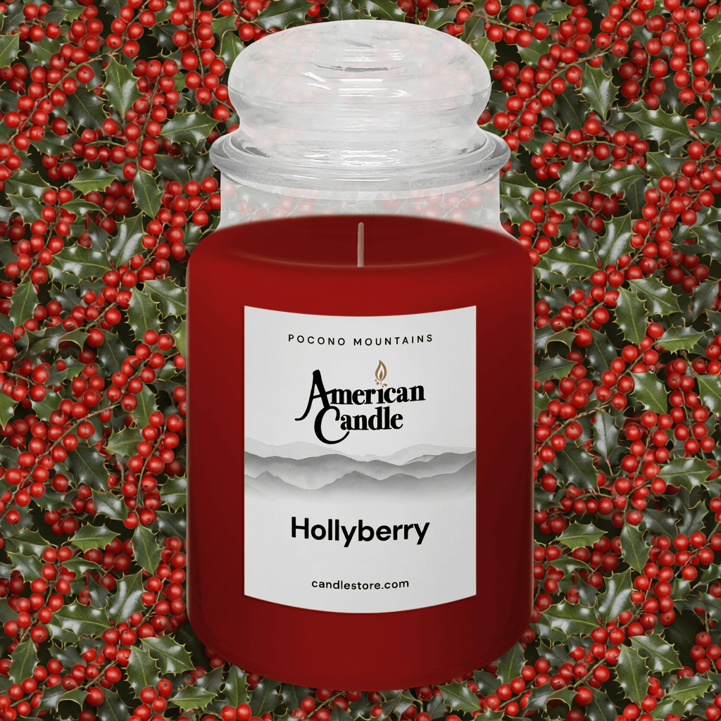 American Candle Hollyberry Scented Jar Candle against a background of holly leaves and berries.