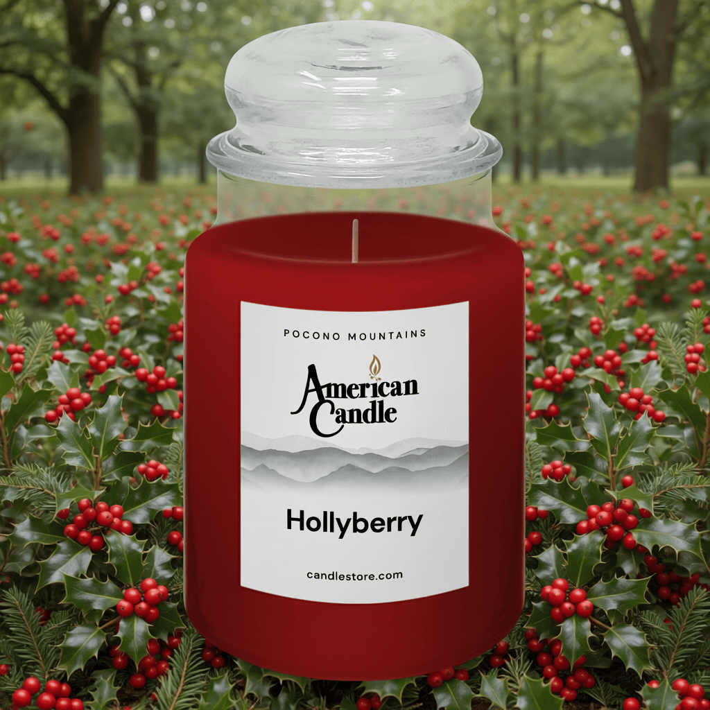 American Candle Hollyberry Jar Scented Candle in field of holly berries orchard