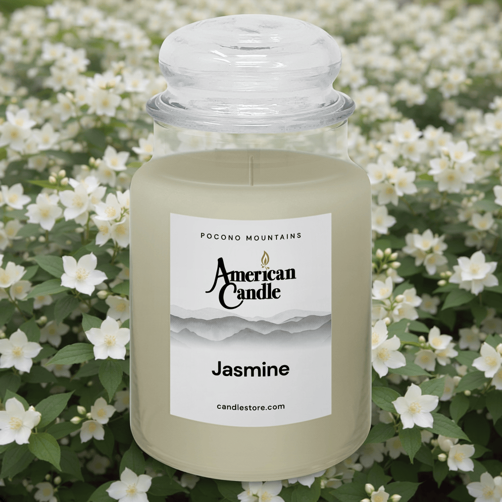American Candle Jasmine jar scented candle with a Jasmine floral background