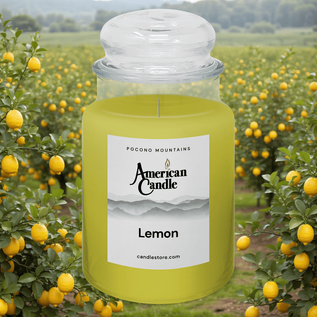 American Candle Scented Jar Candle with a lemon field orchard in background