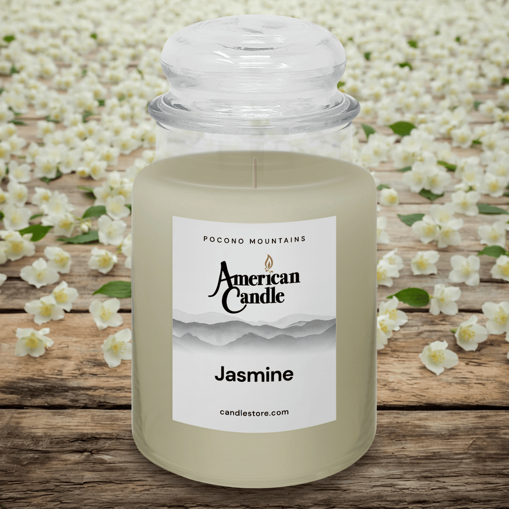 American Candle Jasmine scented jar candle on a wooden table with flowers in the background