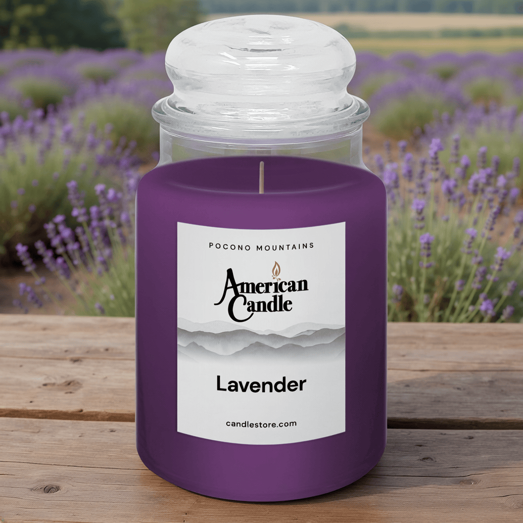 American Candle Lavender Scented Jar candle on wooden table with lavender field orchard