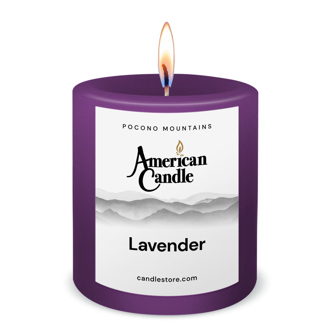 American Candle Lavender 3x3 Scented Pillar Candle with Flame - Made in the USA