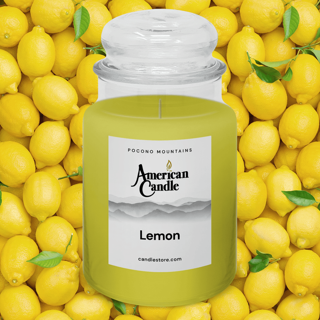 American Candle Lemon scented jar candle on a background of lemons