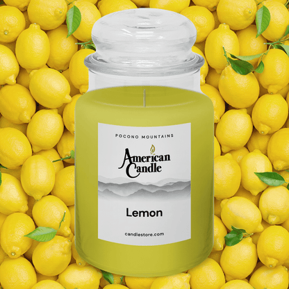 American Candle Lemon scented jar candle on a background of lemons