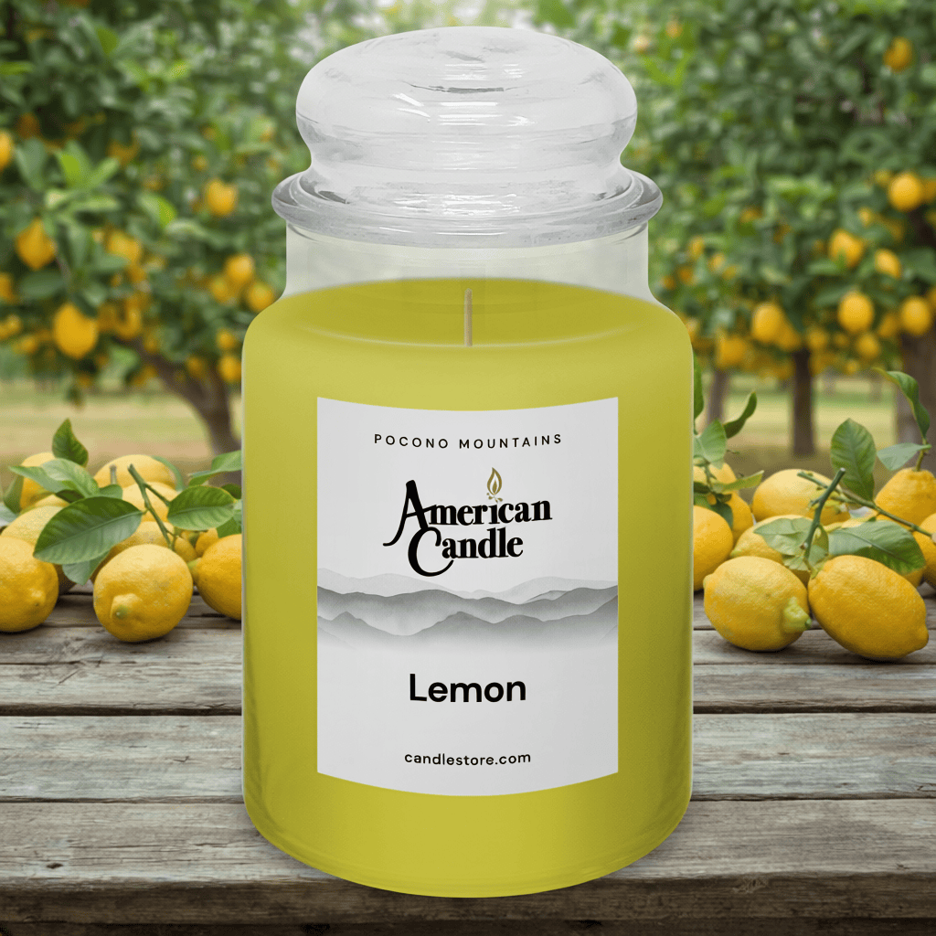 American Candle Lemon Scented Jar Candle on wooded table with lemon trees background
