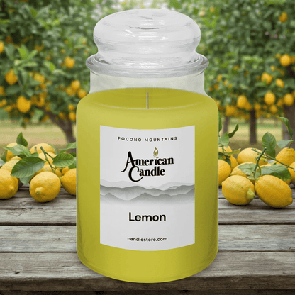 American Candle Lemon Scented Jar Candle on wooded table with lemon trees background