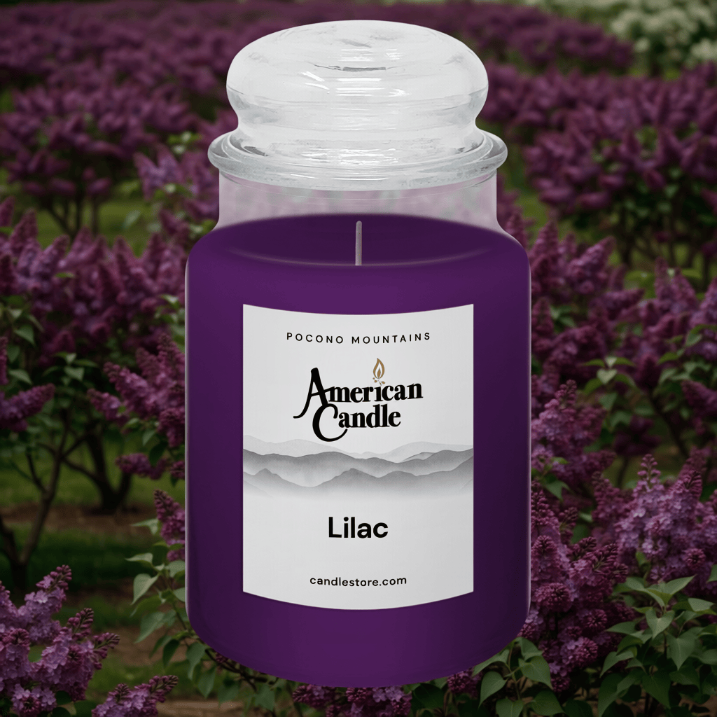 American Candle Lilac Scented Jar Candle with Lilacs Orchard in Background