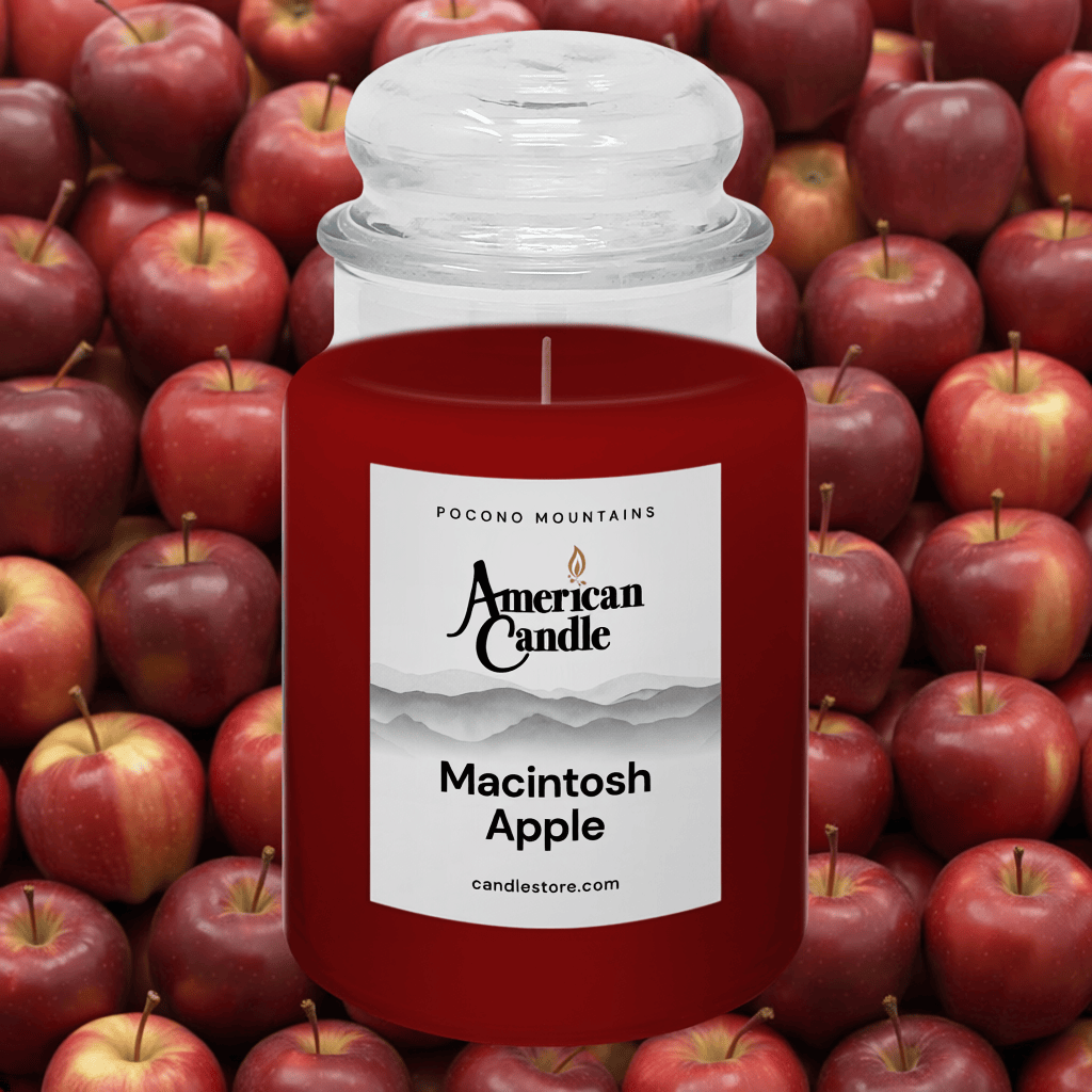 American Candle Macintosh Apple scented jar candle with an apple orchard in the background
