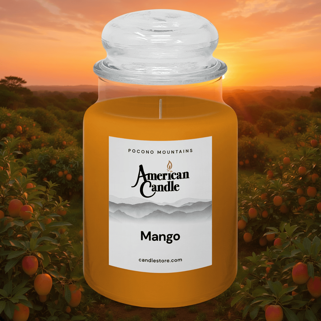 American Candle Mango jar scented candle with a sunset and mango orchard background