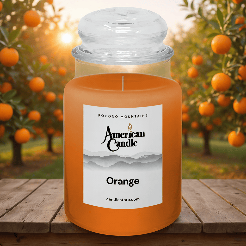 American Candle Orange scented jar candle in front of an orange grove on wooden table with sunset