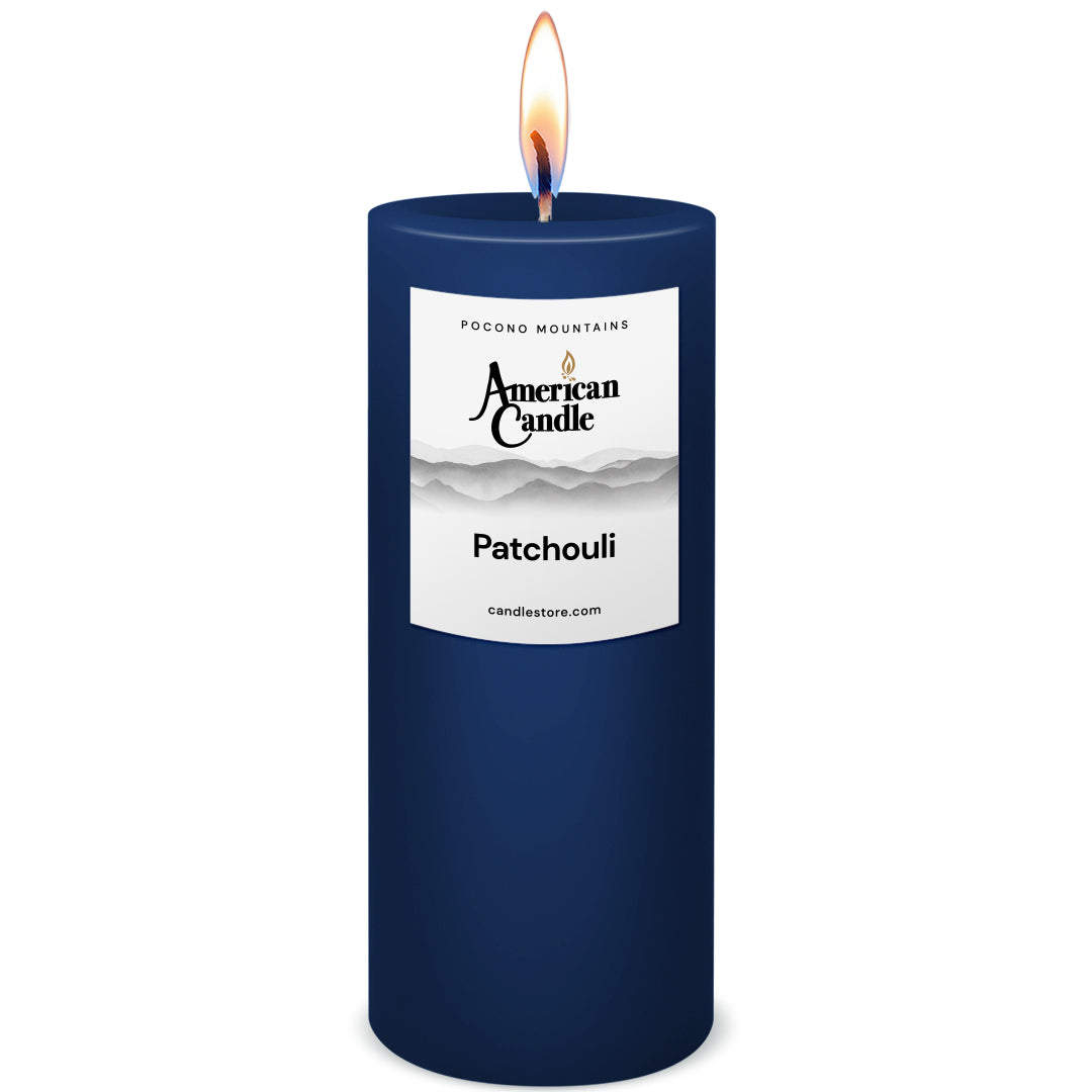 American Candle Patchouli 3x9 Scented Pillar Candle with Flame - Made in the USA