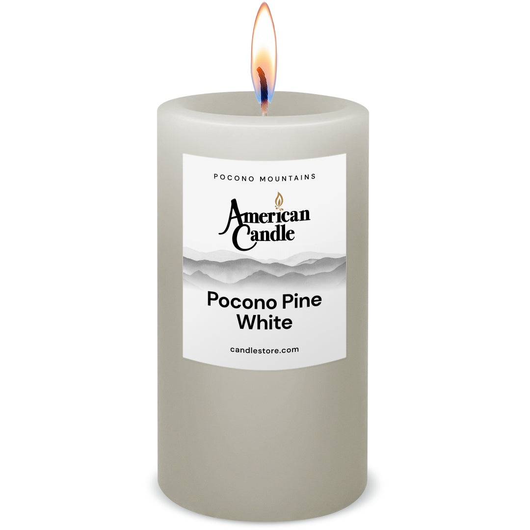 American Candle Pocono Pine White Scented 3x6 Pillar Candle with Flame - Made in the USA