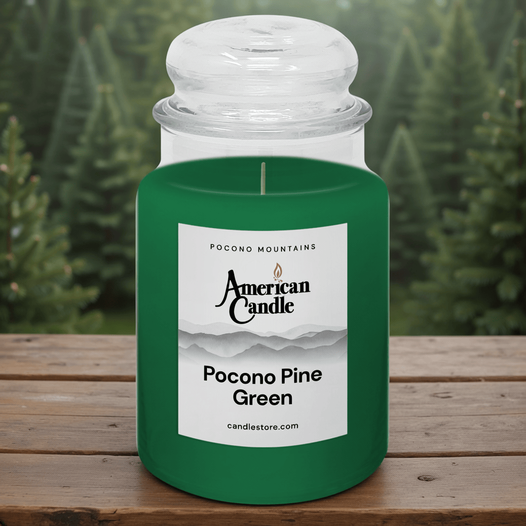 American Candle Pocono Pine Green Scented Jar Candle on Wooded Table with Pocono Pines Trees in background